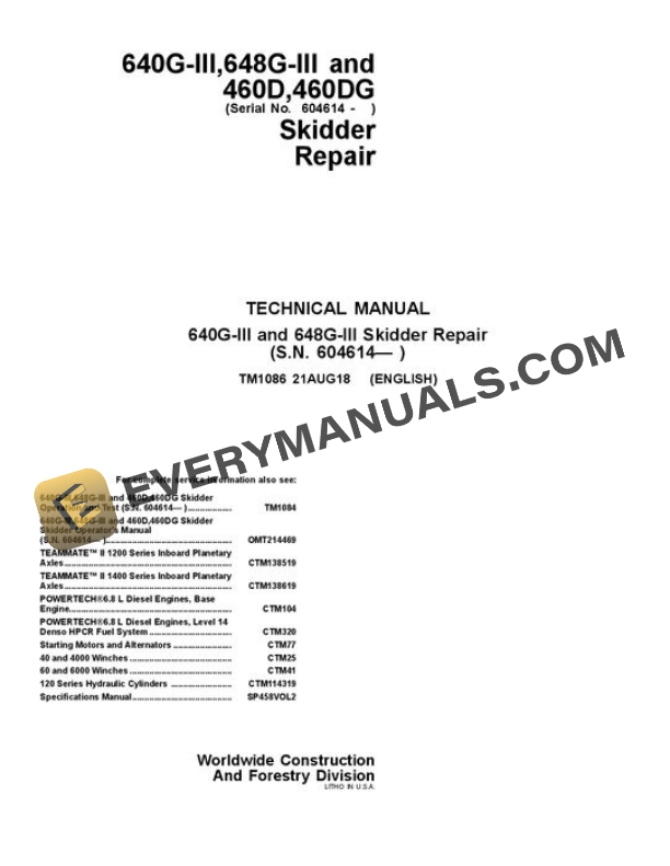 John Deere 460D 460DG 640GIII 648GIII Skidder Repair Manual TM1086