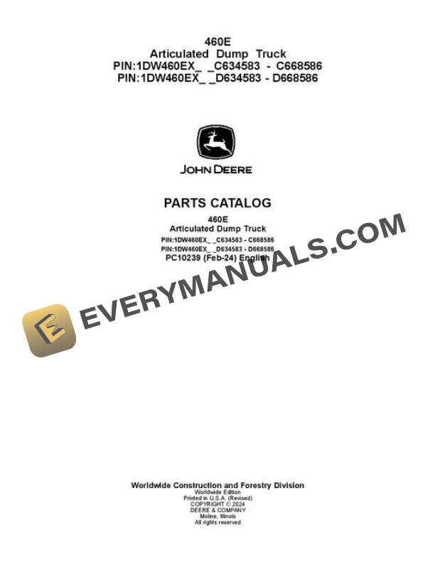 John Deere 460E Articulated Dump Truck Parts Catalog PC10239
