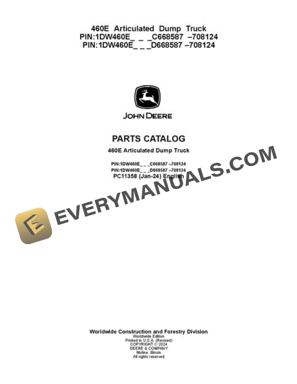 John Deere 460E Articulated Dump Truck Parts Catalog PC11358