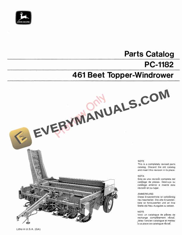 John Deere 461 Beet Topper Windrower Parts Catalog PC1182 01NOV71 1