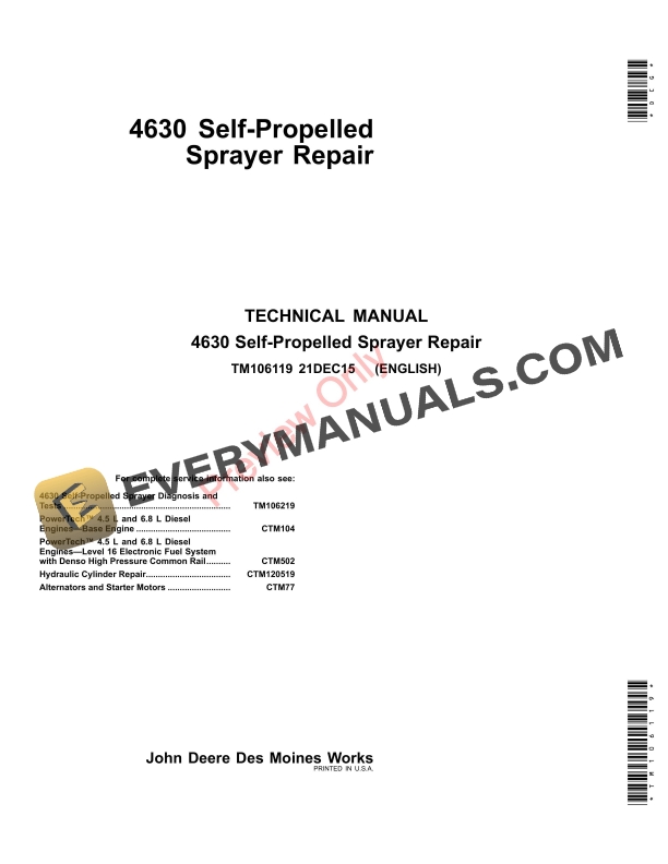 John Deere 4630 Self-Propelled Sprayers Technical Manual TM106119 21DEC15 PDF