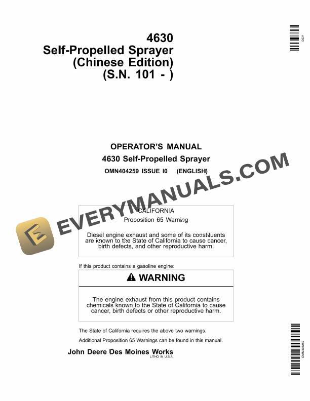 John Deere 4630 Self-Propelled Sprayer Operator Manual OMN404259