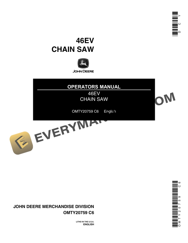 John Deere 46EV Chain Saw Operator Manual OMTY20759