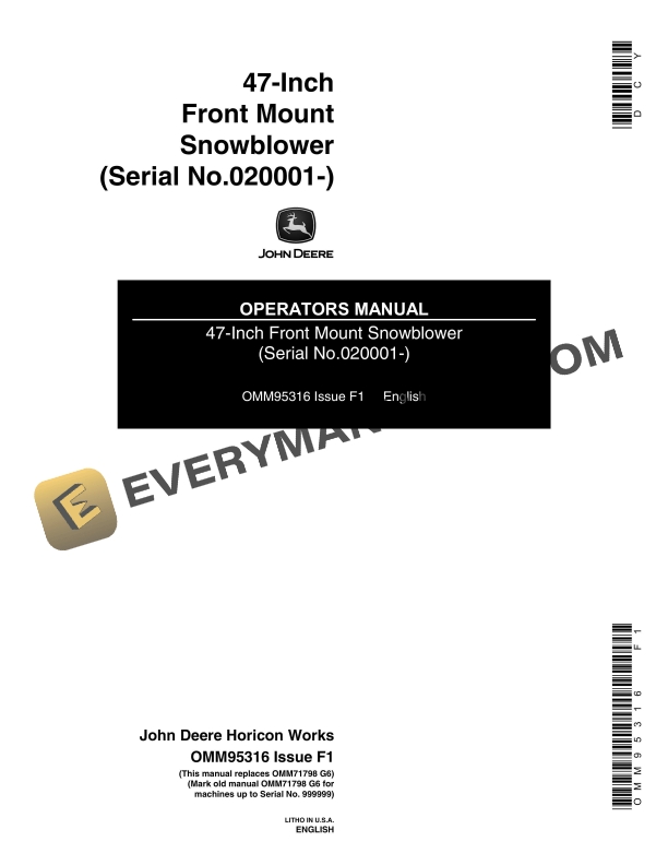 John Deere 47 Inch Front Mount Snowblower Operator Manual OMM95316 1