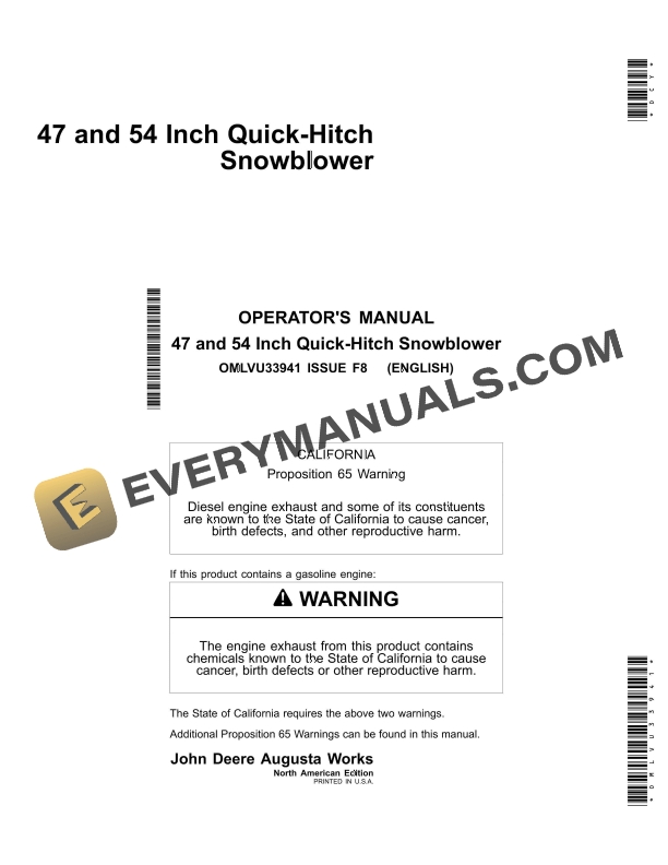 John Deere 47 and 54 Inch Quick Hitch Snowblower Operator Manual OMLVU33941 1