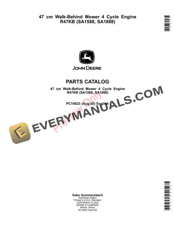 John Deere 47 cm Walk-Behind Mower 4 Cycle EngineR47KB (SA1588, SA1888) Parts Catalog PC14023 07AUG20