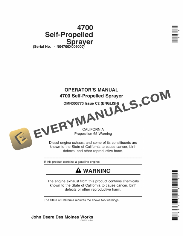 John Deere 4700 Self Propelled Sprayer Operator Manual OMN303773 1