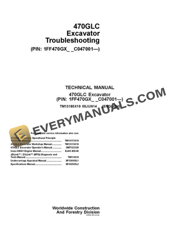 John Deere 470GLC Excavator Test Manual TM13180X19