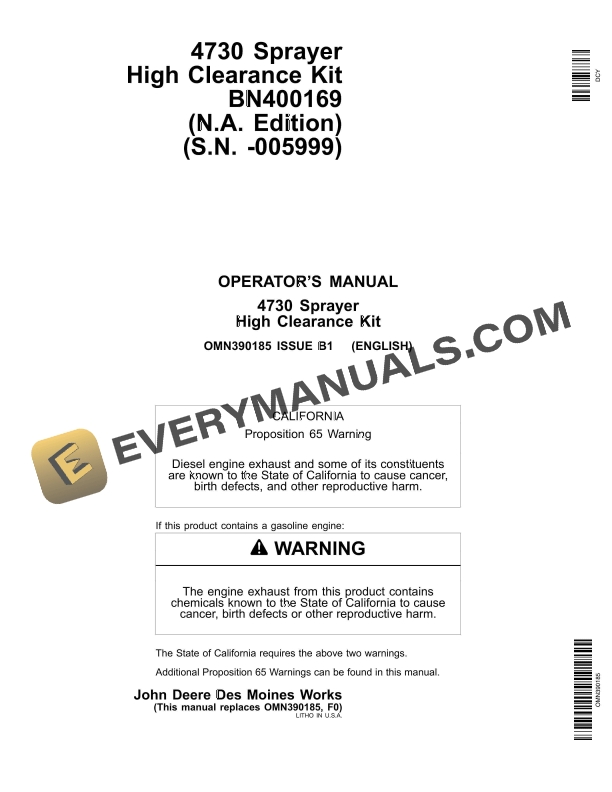 John Deere 4730 Sprayer High Clearance Kit Operator Manual OMN390185 1