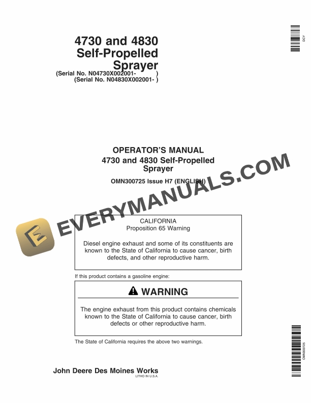 John Deere 4730 and 4830 Self Propelled Sprayer Operator Manual OMN300725 1