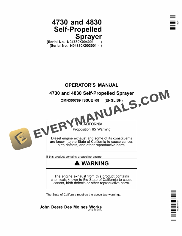 John Deere 4730 and 4830 Self Propelled Sprayer Operator Manual OMN300789 1