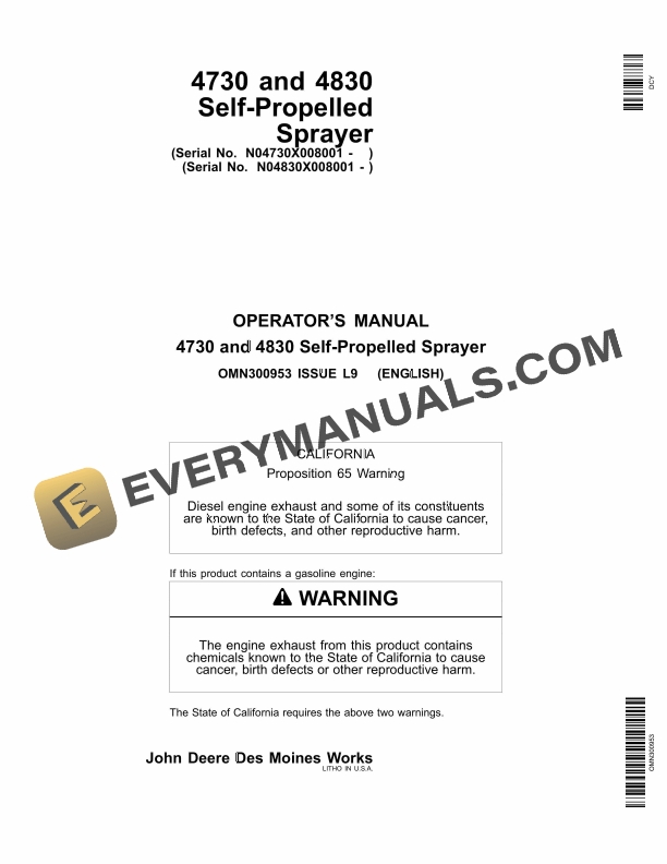 John Deere 4730 and 4830 Self Propelled Sprayer Operator Manual OMN300953 1