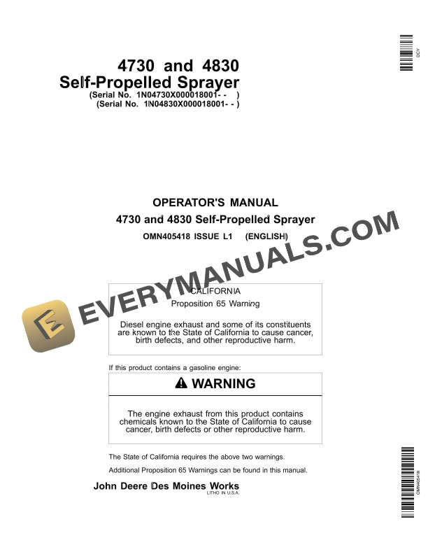 John Deere 4730 and 4830 Self Propelled Sprayer Operator Manual OMN405418 1