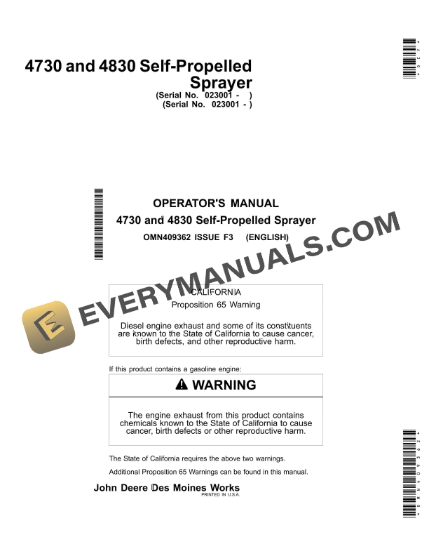 John Deere 4730 and 4830 Self Propelled Sprayer Operator Manual OMN409362 1