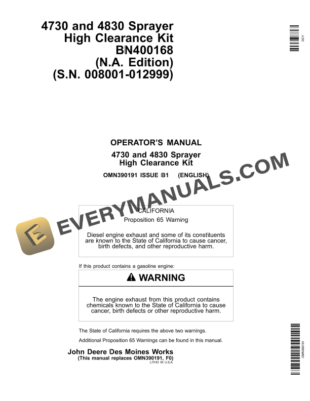 John Deere 4730 and 4830 Sprayer High Clearance Kit Operator Manual OMN390191 1