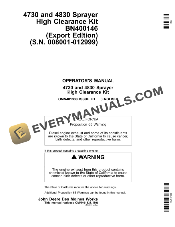 John Deere 4730 and 4830 Sprayer High Clearance Kit Operator Manual OMN401338 1