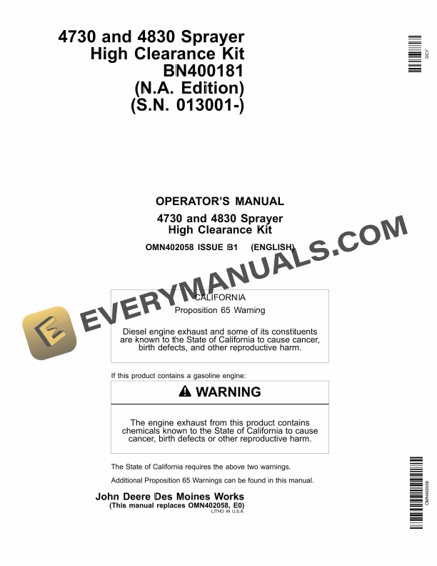 John Deere 4730 and 4830 Sprayer High Clearance Kit Operator Manual OMN402058 1