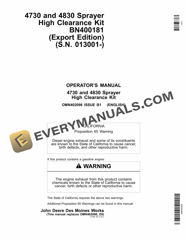 John Deere 4730 and 4830 Sprayer High Clearance Kit Operator Manual OMN402096 1