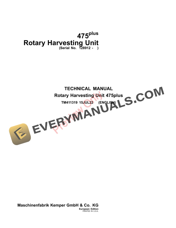John Deere 475plus Rotary Harvesting Unit 128912 Technical Manual TM411319 15JUL22 1