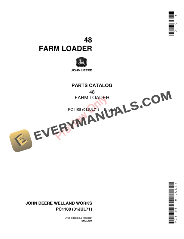 John Deere 48 Farm Loader Parts Catalog PC1108 01JUL71
