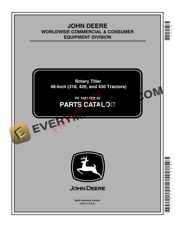 John Deere 48-Inch Rotary Tiller (For 318, 420 and 430 Tractors) Parts Catalog PC1927 10FEB03