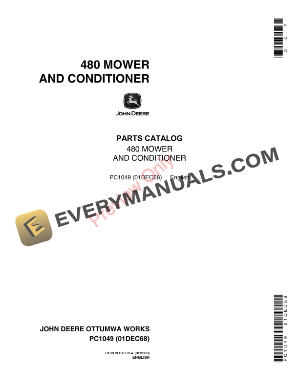 John Deere 480 Mower and Conditioner Parts Catalog PC1049 01DEC68 1