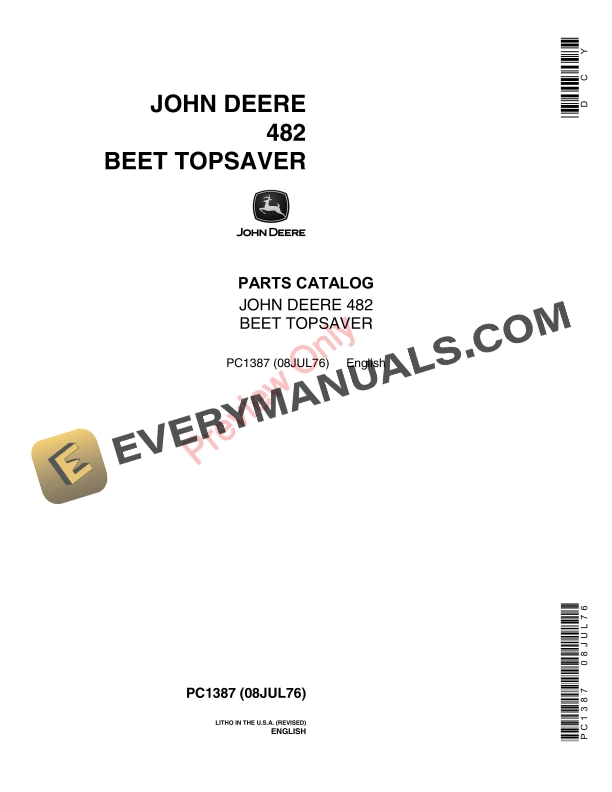 John Deere 482 Beet Topsaver Parts Catalog PC1387 08JUL76 1
