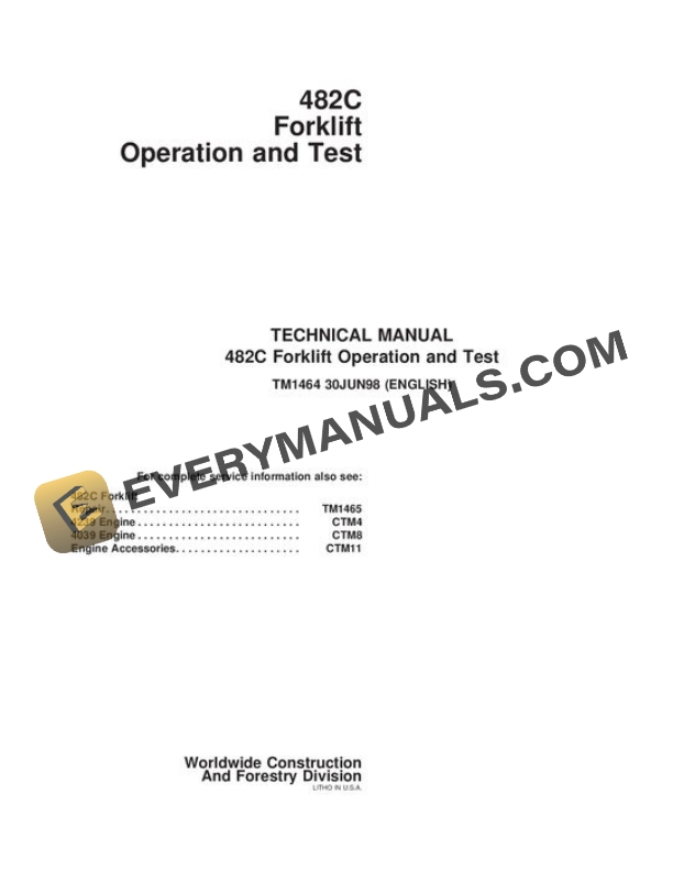 John Deere 482C Forklifts Test Manual TM1464