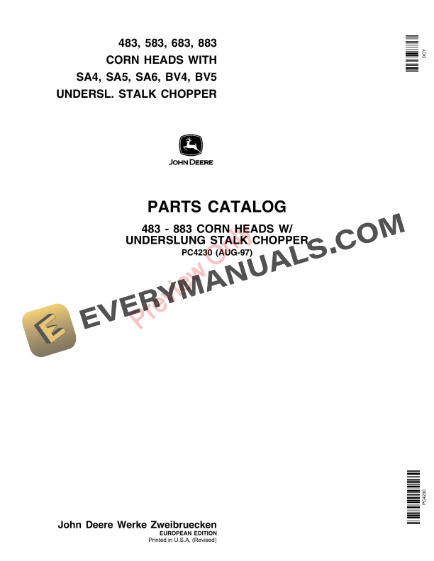 John Deere 483-883 Corn Heads wUnderslung Stalk Chopper Parts Catalog PC4230 01AUG97