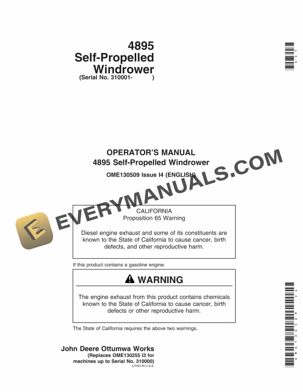 John Deere 4895 Self-Propelled Windrower Operator Manual OME130509