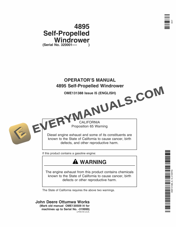 John Deere 4895 Self Propelled Windrower Operator Manual OME131388 1