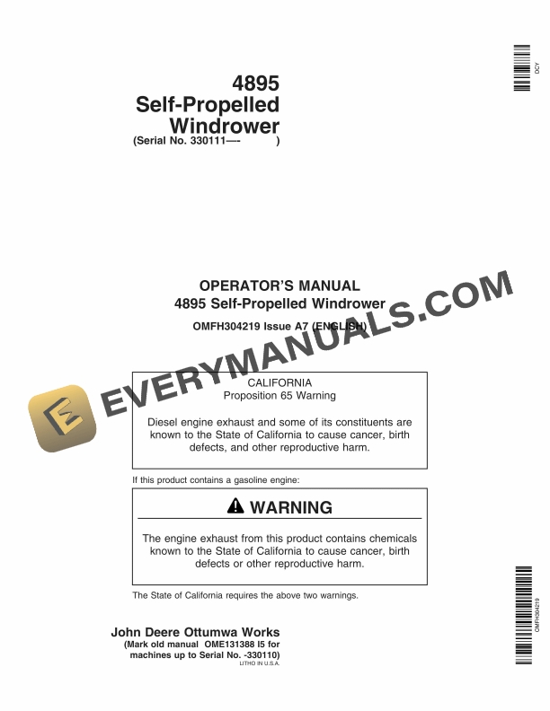 John Deere 4895 Self-Propelled Windrower Operator Manual OMFH304219 2 John Deere 4895 Self Propelled Windrower Operator Manual OMFH304219 1