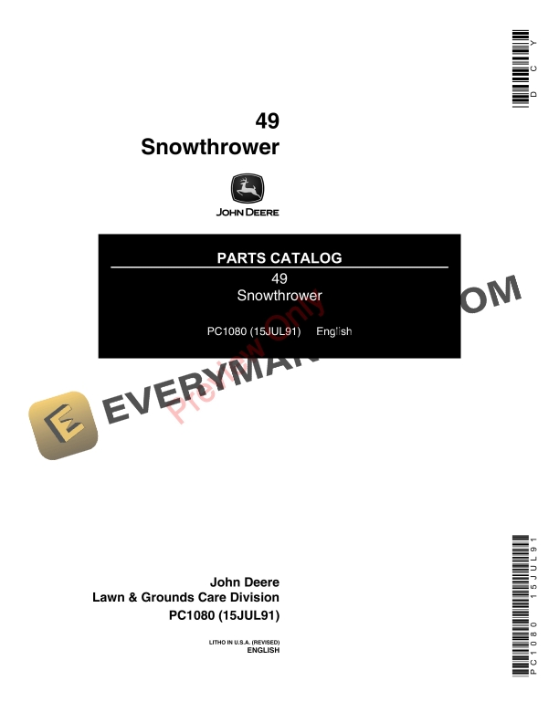 John Deere 49 Inch Snow Throwers Parts Catalog PC1080 15JUL91