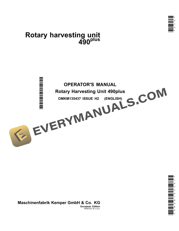 John Deere 490plus Rotary Harvesting Unit Operator Manual OMKM135437 1