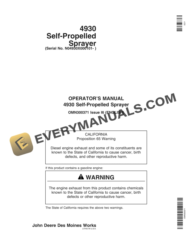 John Deere 4930 Self Propelled Sprayer Operator Manual OMN300371 1