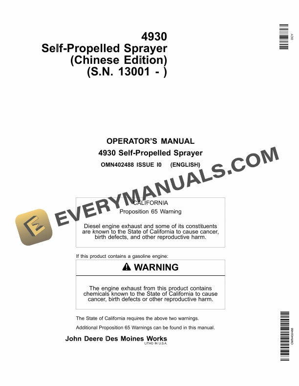 John Deere 4930 Self-Propelled Sprayer Operator Manual OMN402488