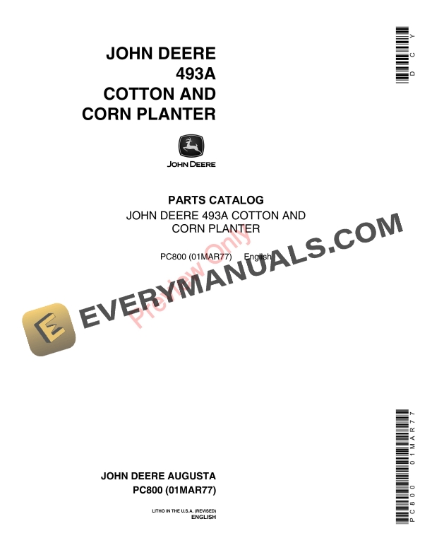 John Deere 493A Cotton and Corn Planter Parts Catalog PC800 01MAR77 1