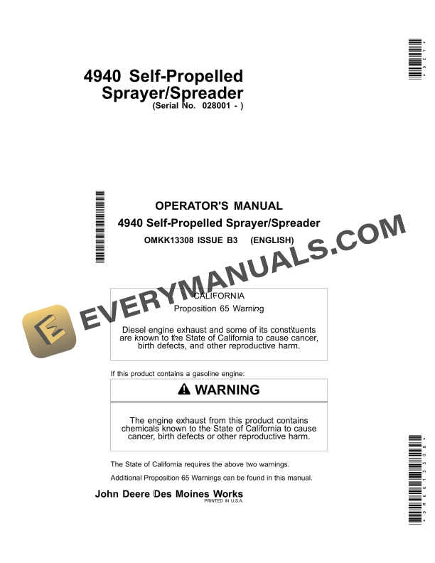 John Deere 4940 Self-Propelled Sprayer - Spreader Operator Manual OMKK13308 1 John Deere 4940 Self Propelled Sprayer Spreader Operator Manual OMKK13308 1
