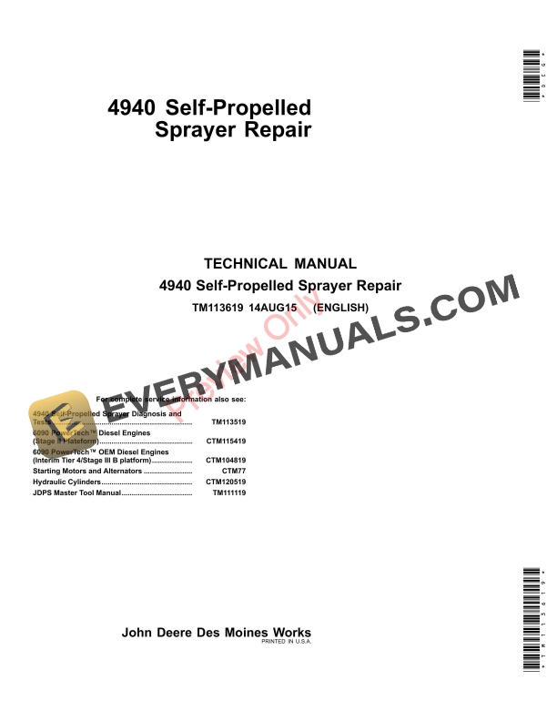John Deere 4940 Self-Propelled Sprayer Technical Manual TM113619 14AUG15 PDF