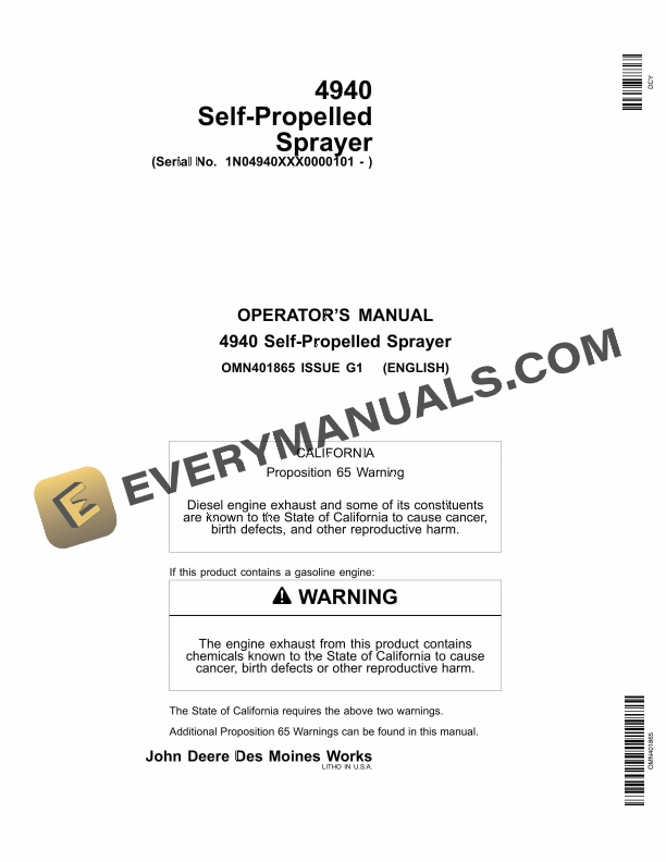 John Deere 4940 Self­Propelled Sprayer Operator Manual OMN401865 1