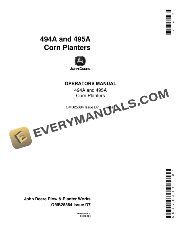 John Deere 494A and 495A Corn Planter Operator Manual OMB25384