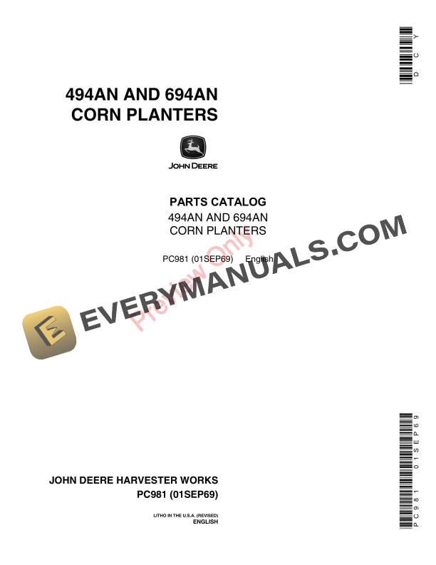 John Deere 494AN 694AN Corn Planters Parts Catalog PC981 01SEP69 1