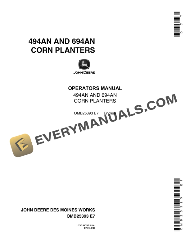 John Deere 494AN AND 694AN CORN PLANTER Operator Manual OMB25393 1