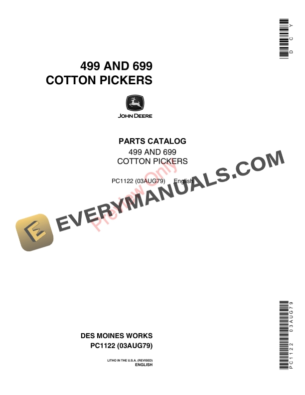 John Deere 499, 699 Cotton Pickers Parts Catalog PC1122 03AUG79