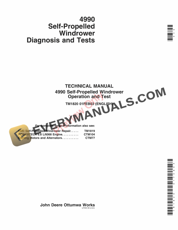 John Deere 4990 Self-Propelled Windower Technical Manual TM1820 01FEB03 PDF
