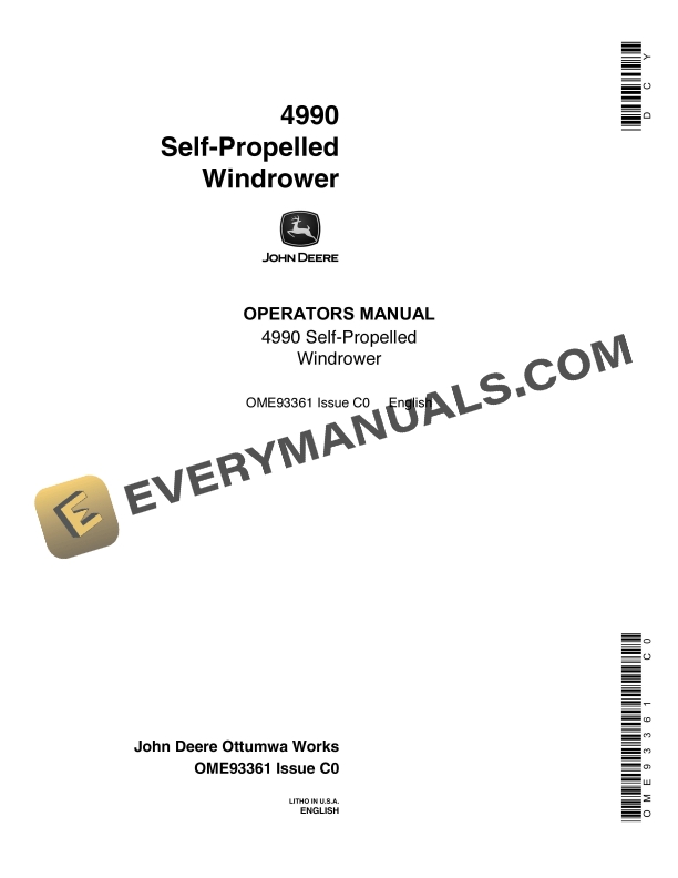 John Deere 4990 Self Propelled Windrower Operator Manual OME93361 1