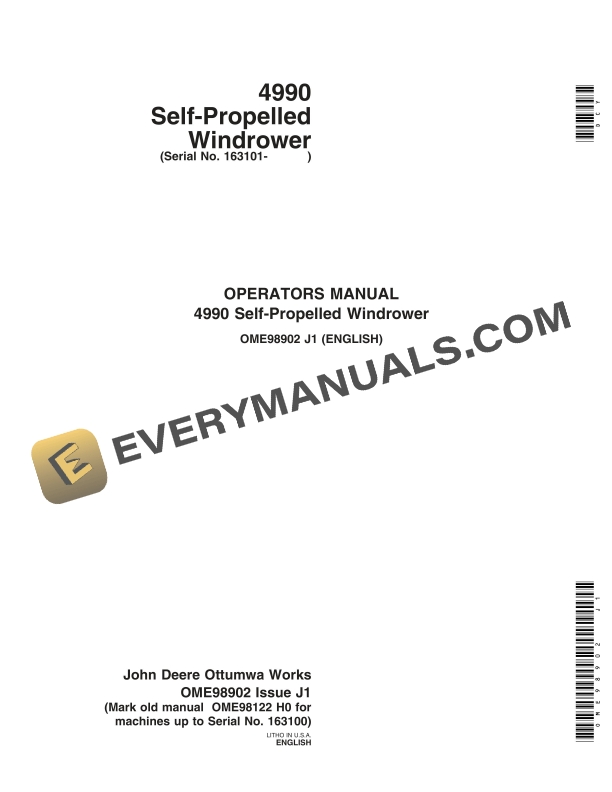 John Deere 4990 Self Propelled Windrower Operator Manual OME98902 1
