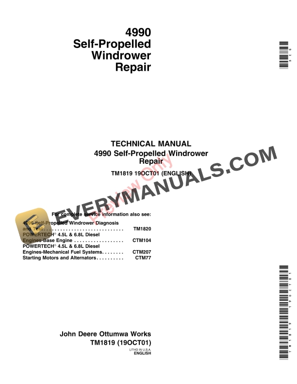 John Deere 4990 Self-Propelled Windrower Repair Technical Manual TM1819 19OCT01 PDF