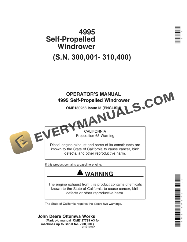 John Deere 4995 Self-Propelled Windrower Operator Manual OME130253