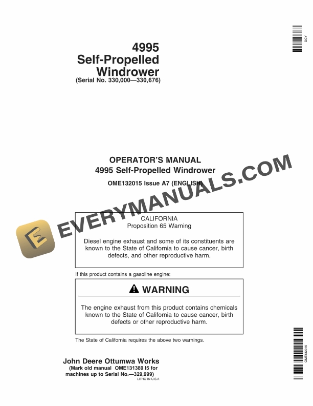 John Deere 4995 Self Propelled Windrower Operator Manual OME132015 1